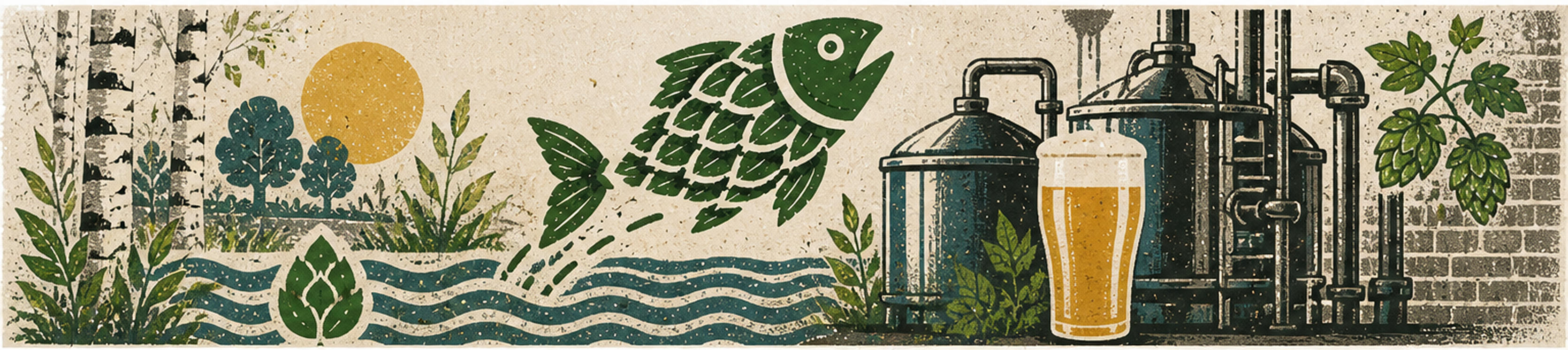 Linogravure : cuves de brassage, verre de bière et poisson-houblon au bord de l'eau