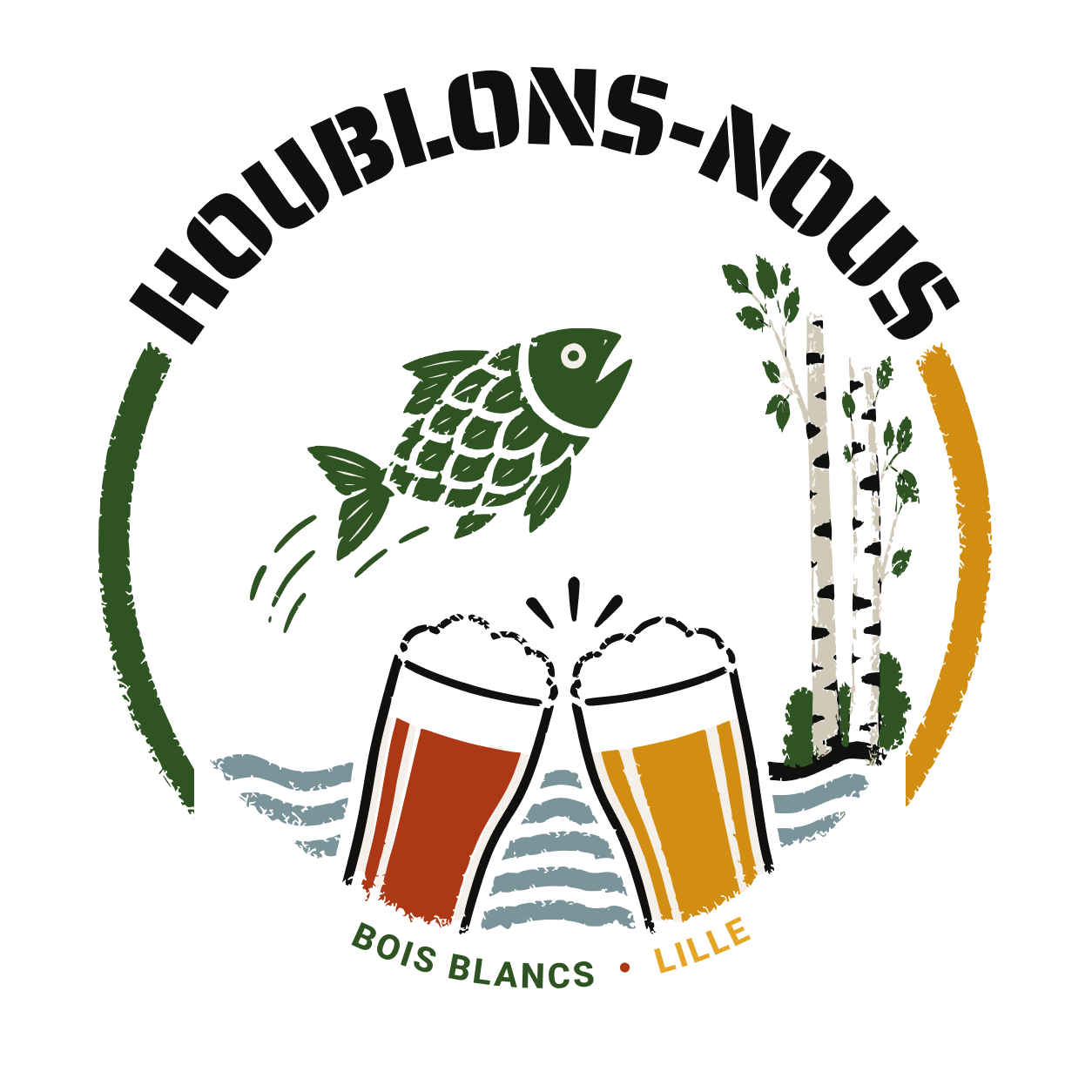 Badge Houblons Nous : poisson-houblon, bouleaux et deux verres de bière trinqués, Bois Blancs · Lille