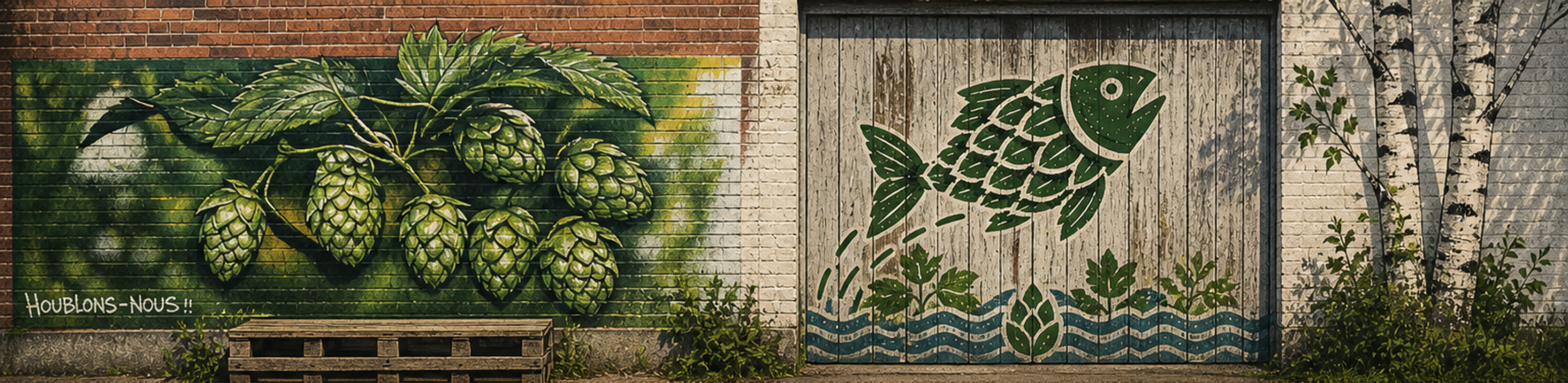 Fresque murale Houblons Nous : un houblon peint sur un mur de brique et un poisson-houblon peint sur une porte de garage en bois